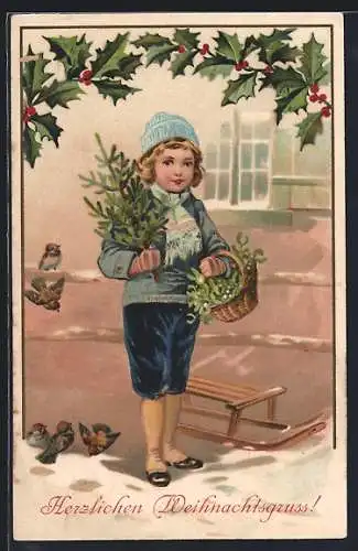 Präge-AK Kleiner Junge mit Tannenbaum und Schlitten, Weihnachtsgruss