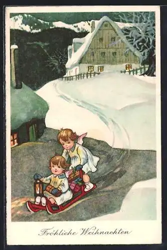 AK Kinder auf einem Schlitten in Winterlandschaft, Weihnachtsgruss
