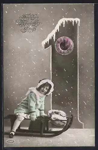 AK Mädchen auf Schlitten an Zahl eins mit Uhr, Neujahrsgruss