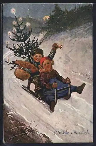 AK Kinderpaar mit Tannenbaum bei Mondschein, Weihnachtsgruss
