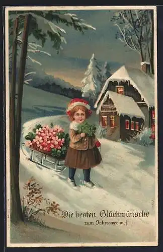 Präge-AK Mädchen mit Blumen auf Schlitten in Winterlandschaft, Neujahrsgruss