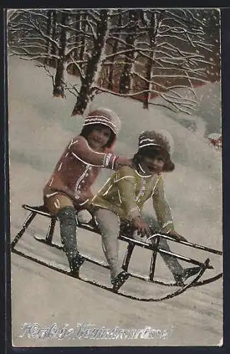 AK Zwei Kinder auf Schliten bei der Abfahrt, Neujahrsgruss