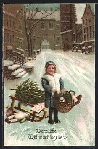 AK Mädchen mit Tannenbaum auf Schlitten und Teddy, Weihnachtsgruss