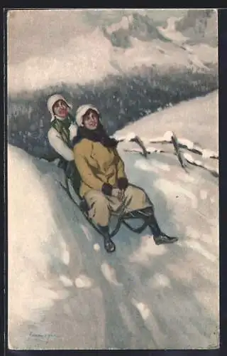 AK Paar auf einem Schlitten bei der Abfahrt