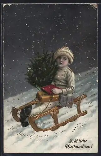 Präge-AK Junge mit Tannenbaum und Paketen auf Schlitten, Weihnachtsgruss