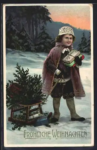 AK Junge mit Tannenbaum auf einem Schlitten, Weihnachtsgruss