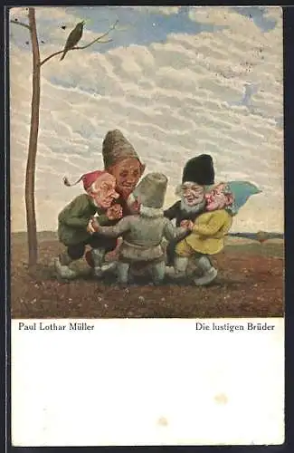 Künstler-AK Paul Lothar Müller: Zwerge balgen auf einem Feld, die lustigen Brüder