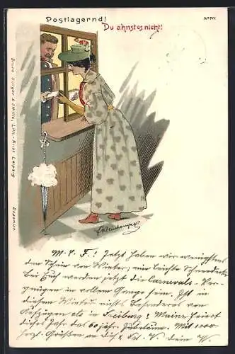 Künstler-Lithographie Erich Kleinhempel: Postlagernd! Du ahnst es nicht!, Fräulein bei der Post