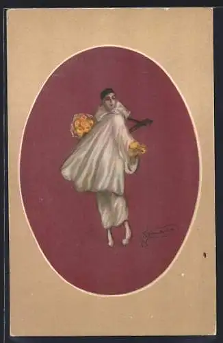 Künstler-AK A. Zandrino: Harlekin mit Blumen