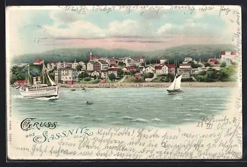 Lithographie Sassnitz, Teilansicht mit Dampfer
