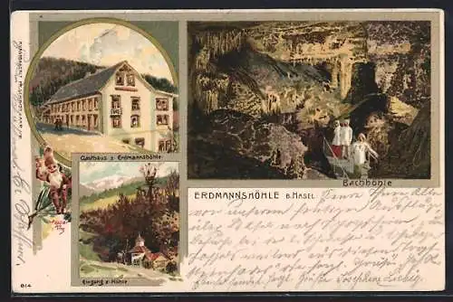Lithographie Hasel, Gasthaus zur Erdmannshöhle, Bachhöhle, Eingang zur Höhle