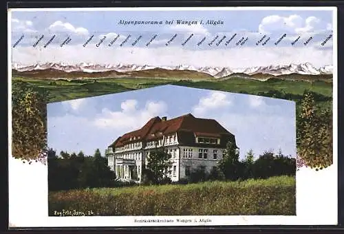 Künstler-AK Eugen Felle: Wangen i. Allgäu, Bezirkskrankenhaus, Alpenpanorama