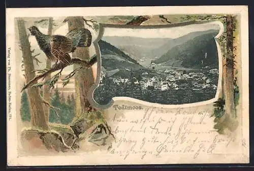Passepartout-Lithographie Todtmoos, Gesamtansicht, Auerhahn