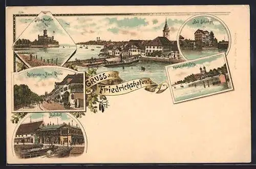 Lithographie Friedrichshafen, Schloss Montfort, Bahnhof, Karlstrasse und Hotel Krone