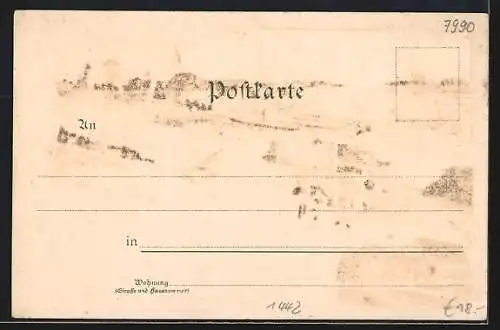 Lithographie Friedrichshafen, Schloss Montfort, Bahnhof, Karlstrasse und Hotel Krone