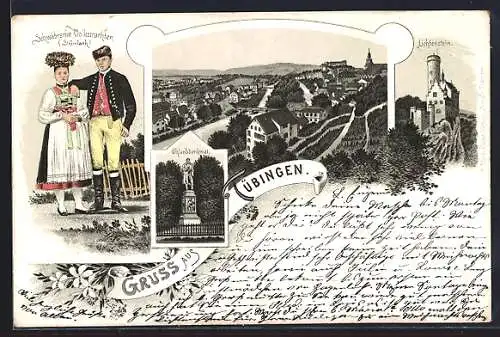 Lithographie Tübingen, Panorama, Uhlanddenkmal & Schwäbisches Trachtenpaar