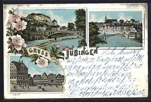 Lithographie Tübingen, Schloss mit Alleenbrücke, Marktplatz, Ortsansicht