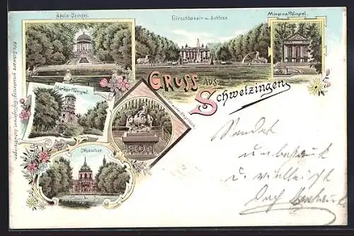 Lithographie Schwetzingen, Merkur-Tempel, Apollo-Tempel, Moschee