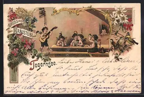 Lithographie Tegernsee, Bräustübl, Englein sitzen bei Musik am Biertisch