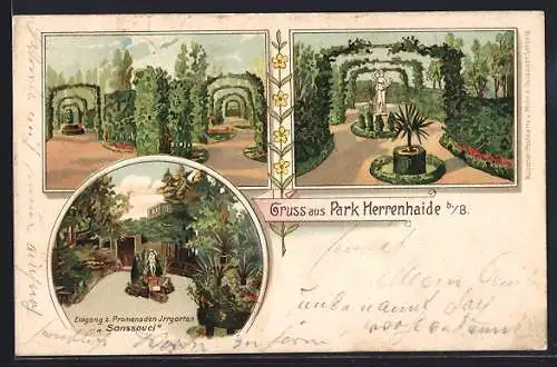 Lithographie Park Herrenhaide b. B., Eingang z. Promenaden Irrgarten Sanssouci, Gartenpartien