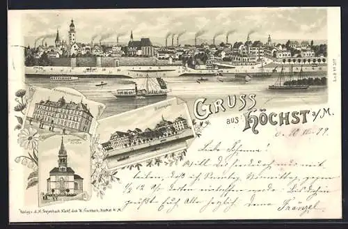 Lithographie Frankfurt-Höchst, Panorama, Evangelische Kirche, Bolongaro
