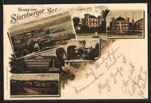Lithographie Feldafing, Hotel am See Tusing, Schloss Berg, Schloss Possenhofen, Roseninsel