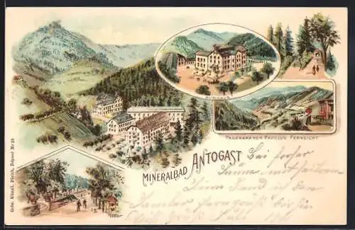 Lithographie Antogast, Mineralbad, Kurhaus, Panorama vom Pavillon aus