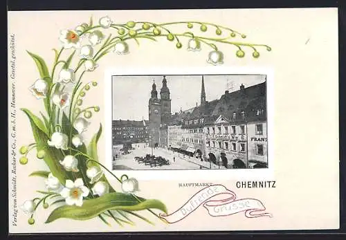 Präge-AK Chemnitz, Hauptmarkt mit Blick zur Kirche, Maiglöckchen-Passepartout