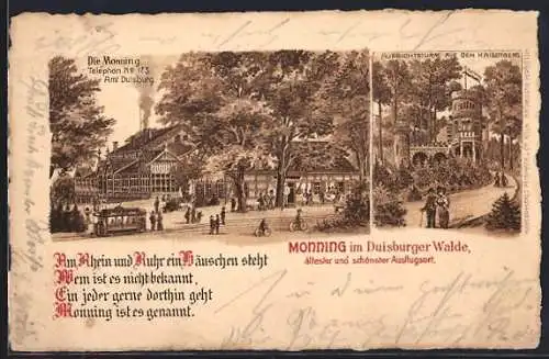 Lithographie Monning im Duisburger Wald, Partie an der Strassenbahn, Aussichtsturm auf dem Kaiserberg