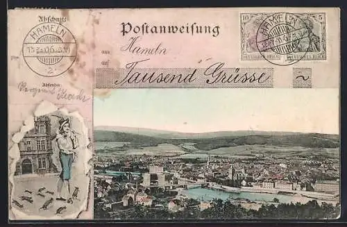 AK Hameln a. d. W., Ortsansicht mit Fluss und Umgebung, Passepartout mit Rattenfänger von Hameln