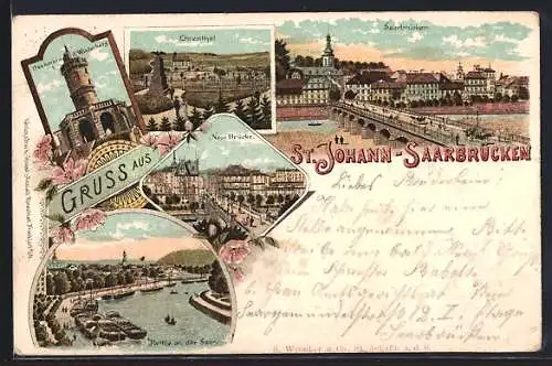 Lithographie Saarbrücken, Denkmal am Winterberg, Ehrenthal, Partie an der Saar