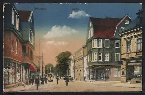 AK Solingen, Strassenpartie am Cafe Müller mit Strassenbahn