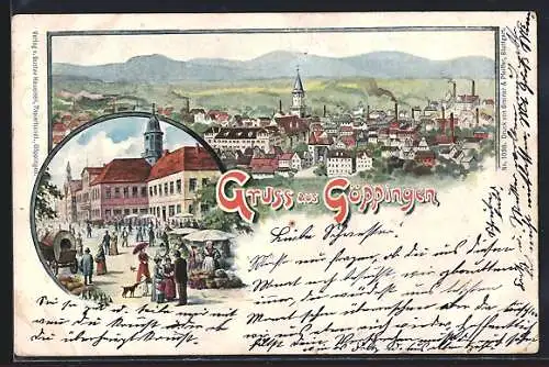 Künstler-AK Göppingen, Buntes Treiben auf dem Markt, Panoramablick auf die Stadt