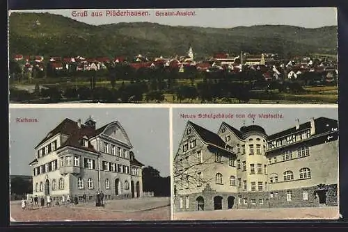 AK Plüderhausen, Neues Schulgebäude von der Westseite, Rathaus, Totalansicht