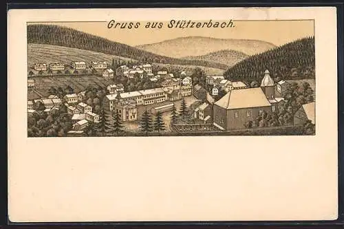 Künstler-AK Stützerbach, Ortsansicht mit Blick ins Tal