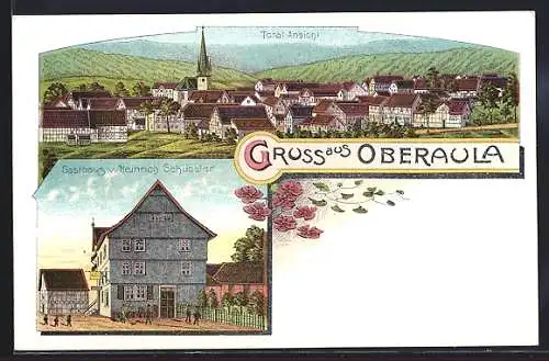 Lithographie Oberaula, Totalansicht und Gasthaus v. Heinrich Schüssler