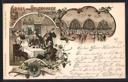 AK Heilbronn, verschiedene Ansichten aus dem Ratskeller, Männer am Tisch trinken Wein
