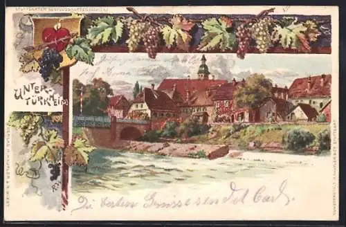 Lithographie Untertürkheim, Ortspartie am Fluss, Weinlaub, Wappen