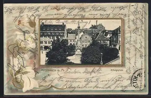 Präge-AK Kitzingen a. M., Denkmal mit Anlage am Königsplatz, Blumen-Passepartout