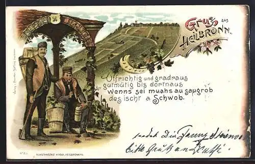 Lithographie Heilbronn, Traubenpflücker auf den Weinbergen