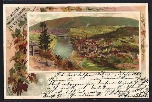 Lithographie Neckargemünd, Teilansicht, J. F. Menzer Weingrosshandlung