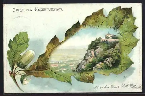 Passepartout-Lithographie Thale, Hexentanzplatz, Eichenlaub
