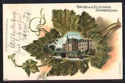 Passepartout-Lithographie St. Johann-Saarbrücken, Ansicht der neuen Brücke auf Weinblatt