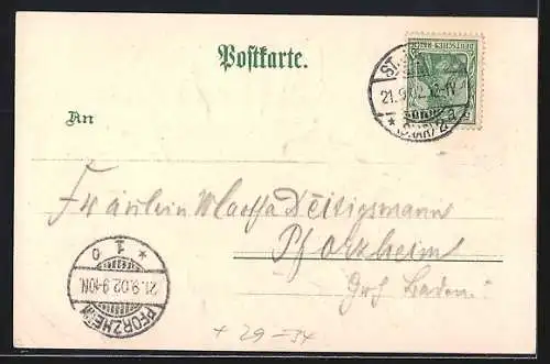 Passepartout-Lithographie St. Johann-Saarbrücken, Ansicht der neuen Brücke auf Weinblatt