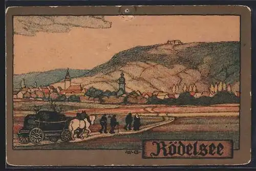 Steindruck-AK Wilhelm Greiner: Rödelsee, Panorama mit Pferdegespann
