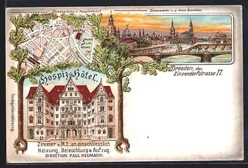 Lithographie Dresden, Hospiz Hotel von Paul Neumann, Zinzendorfstr. 17, Stadtplan