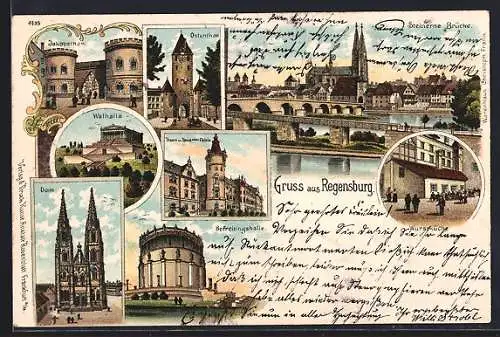Lithographie Regensburg, Walhalla, Steinerne Brücke, Wurstküche