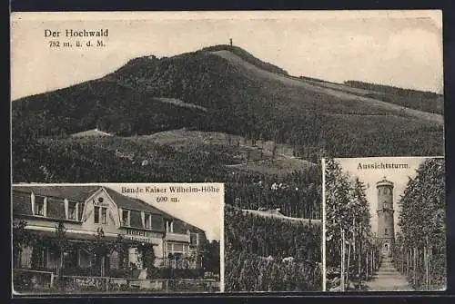 AK Oybin, Hotel und Restaurant Baude Kaiser Wilhelm-Höhe, Bes. J. Finger, Der Hochwald mit dem Aussichtsturm