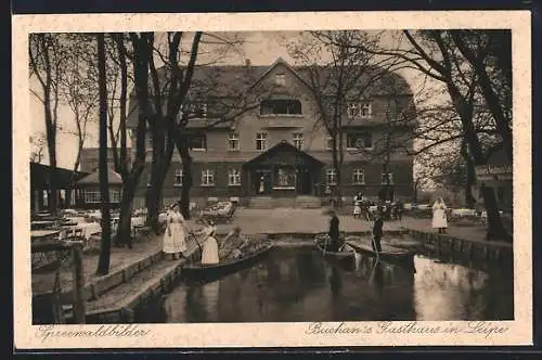 AK Leipe /Spreewald, Buchans Gasthaus, Spreewälderinnen im Kahn