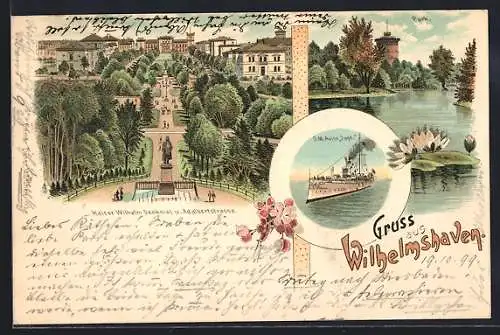 Lithographie Wilhelmshaven, Kaiser Wilhelm Denkmal u. Adalbertstrasse, Partie im Park